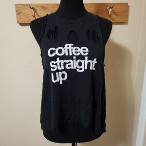 Black "Coffee Straight Up" Distressed Sleeveless Tank Top